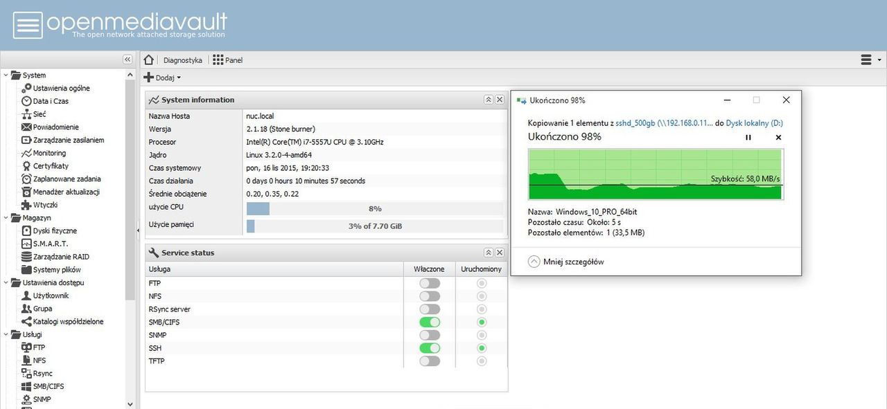 Download - Tutaj już kompletne zaskoczenie... Na początku obiecująco (ponad 100MB/s), później duże wahania aż do stabilizacji na poziomie około 60MB/s (test ten przeprowadzałem kilkukrotnie i wyniki były cały czas takie same)