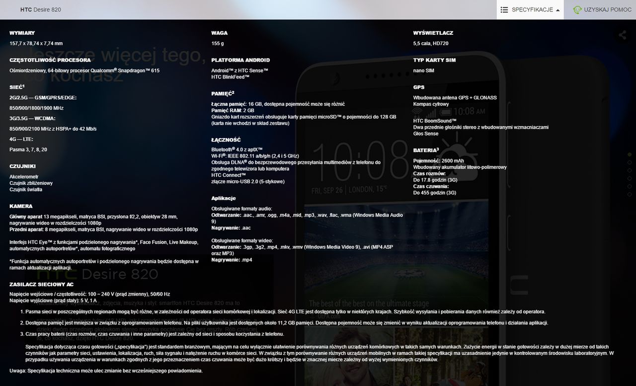 Specyfikacja ze strony htc.com