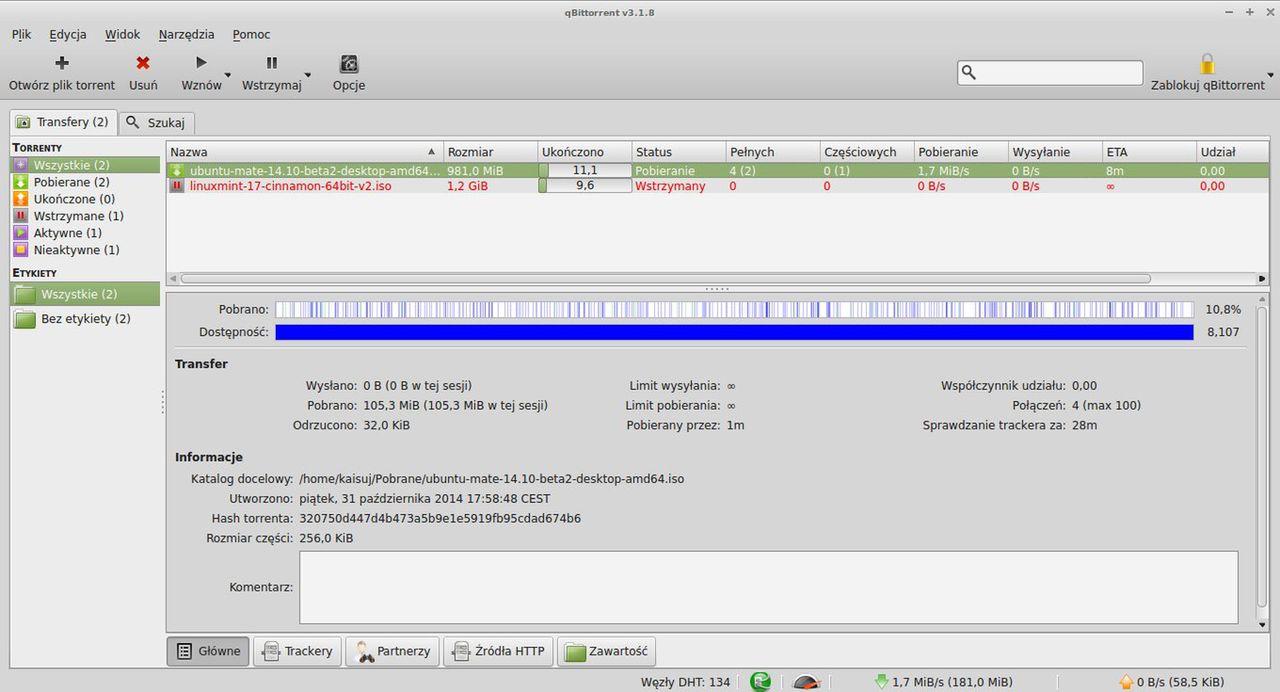 qBittorrent 3.1.8 - okno główne programu