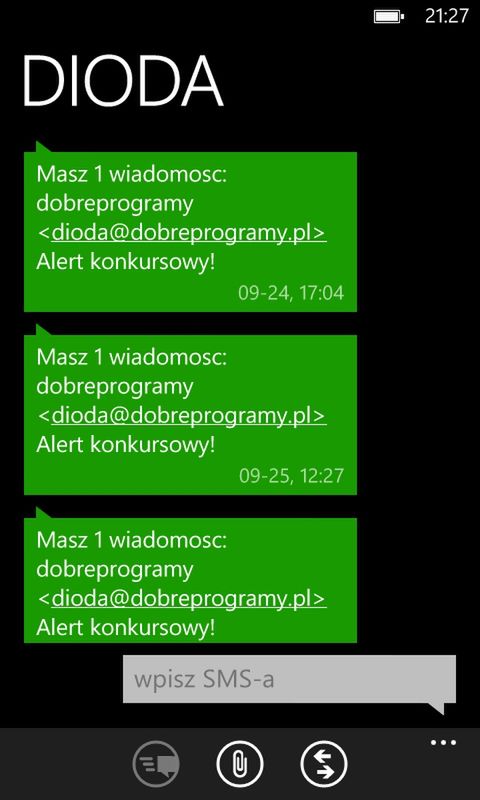 SMS wysłany z poczty wp.pl o przyjściu maila z alertem
