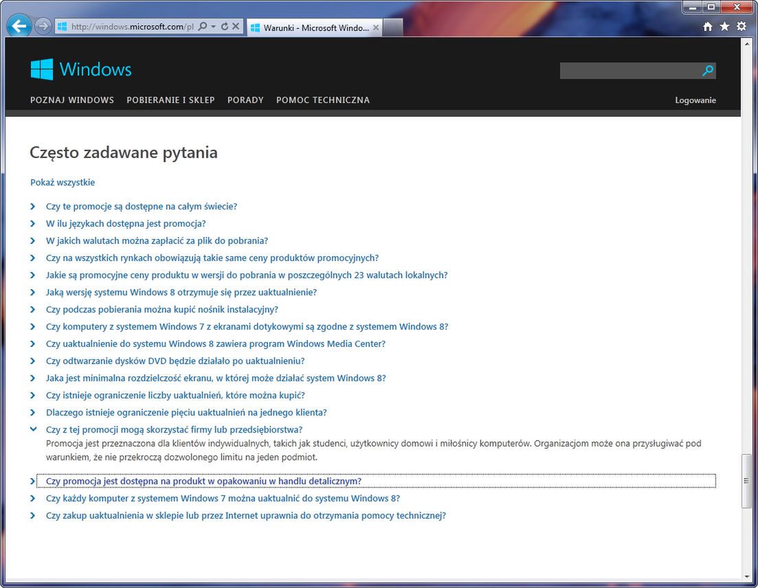 Warunki uaktualnienia do wersji Windows 8 Pro, fragment FAQ