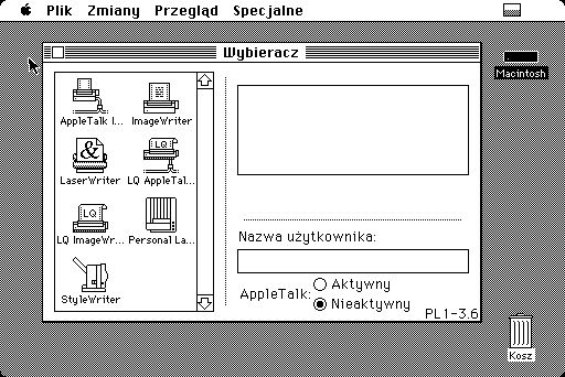 Wybieracz (ang. Chooser) umożliwiał wskazanie Macintoshowi z jakiej drukarki ma korzystać. Wystarczyło puknąć w lewym okna znaczek odpowiedniej drukarki. W lewym oknie pojawiały się też urządzenia dostępne w sieci AppleTalk.