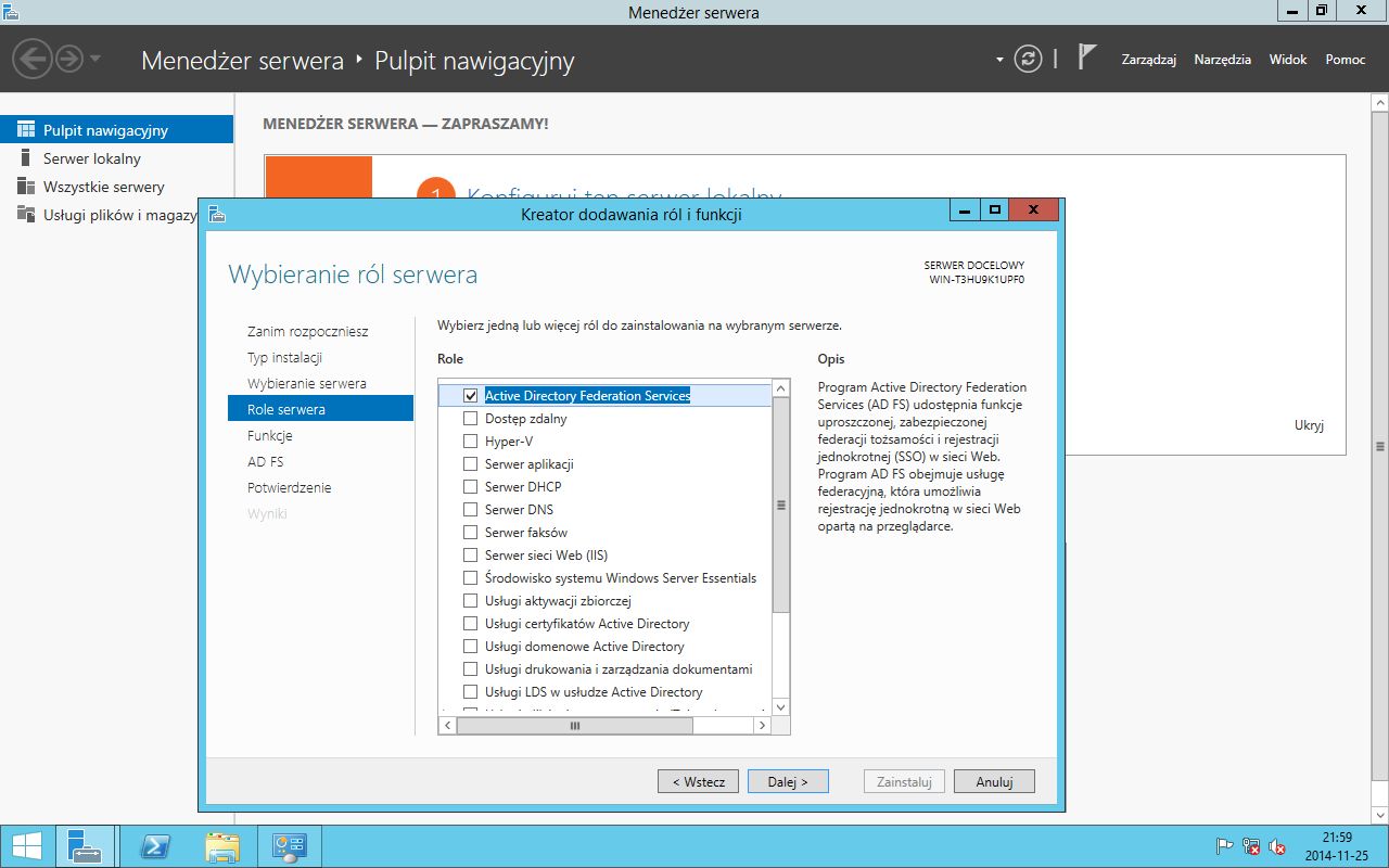 Zaznaczona opcja Active Directory Federation Services