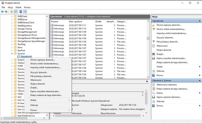 Informacje z Sysmona 6.0 w systemowym Podglądzie zdarzeń Windowsa