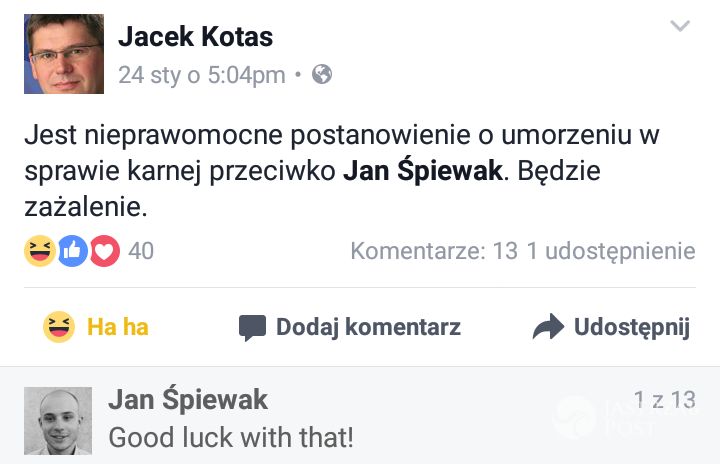 Jacek Kotas o przegranym procesie z Janem Śpiewakiem