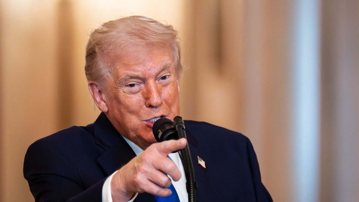 US President Donald Trump speaks during an angel families remembrance ceremony in the East Room of the White House in Washington, DC, US, on Monday, Feb. 23, 2026. President Donald Trump threatened higher tariffs on goods from countries that "play games" with their existing US trade agreements following the Supreme Court's decision quashing his global duties. Photographer: Al Drago/Bloomberg via Getty Images