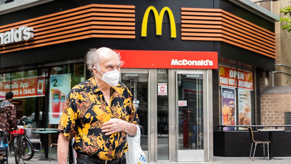 New York City Reopens As Most Pandemic Restrictions Are LiftedNEW YORK, NEW YORK - MAY 28: A person wears a face mask outside McDonald's on the Upper West Side on May 28, 2021 in New York City. On May 19, all pandemic restrictions, including mask mandates, social distancing guidelines, venue capacities and restaurant curfews were lifted by New York Governor Andrew Cuomo. (Photo by Noam Galai/Getty Images)Noam Galainyc, mcdonalds, elderly