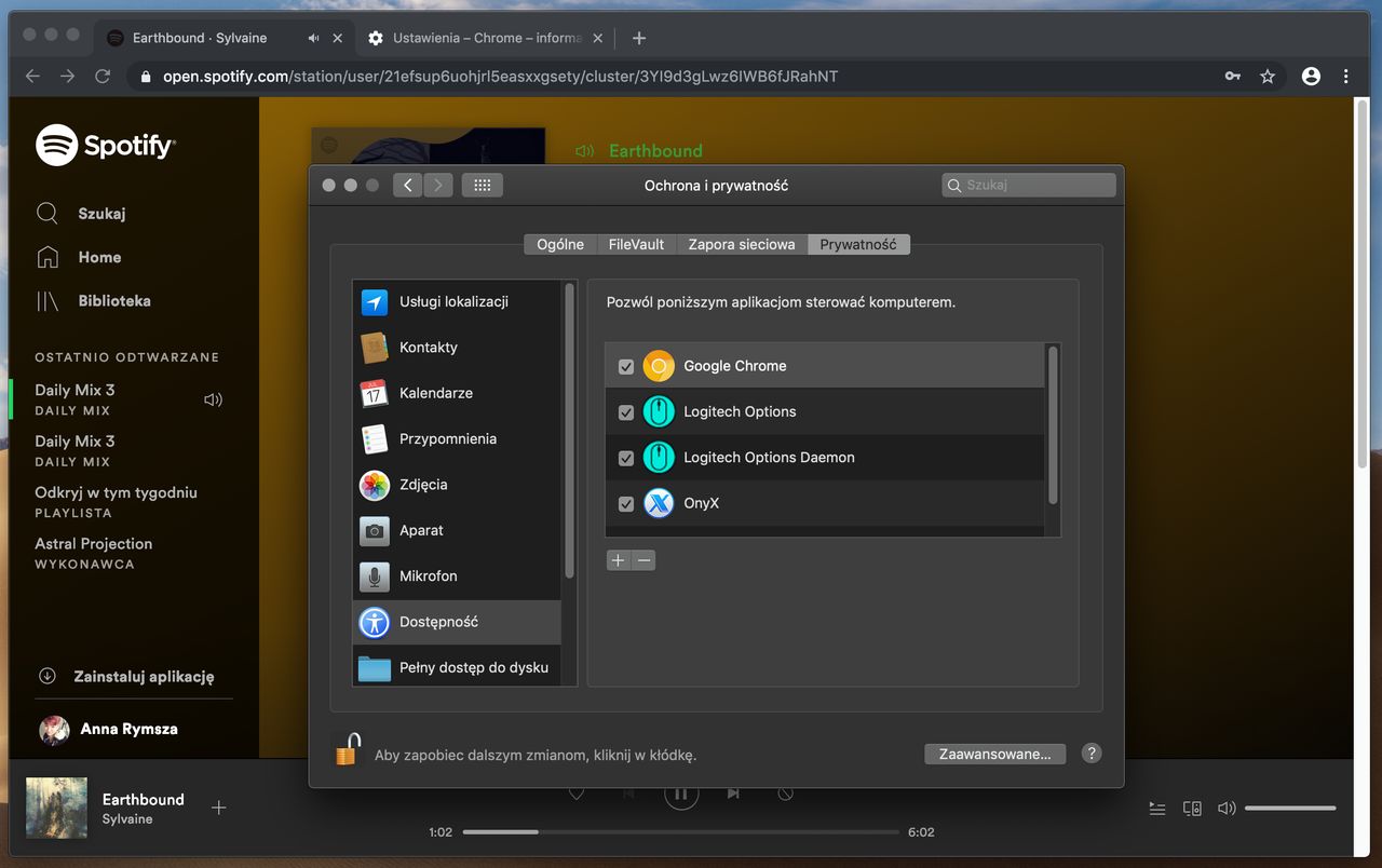 macOS wymaga, by Chrome'owi pozwolić na sterowanie komputerem, jeśli chcemy korzystać z przycisków multimedialnych (w Spotify jeszcze nie działają)
