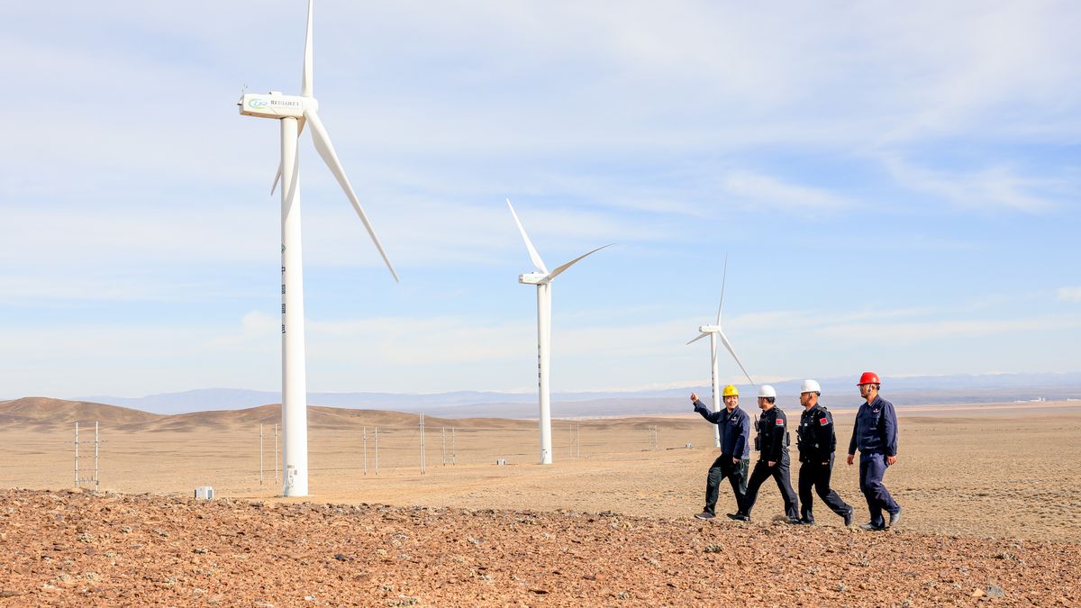 Border police conduct an enterprise safety inspection on a wind power plant in Altay, Xinjiang, China, on November 5, 2024. (Photo by Costfoto/NurPhoto via Getty Images)