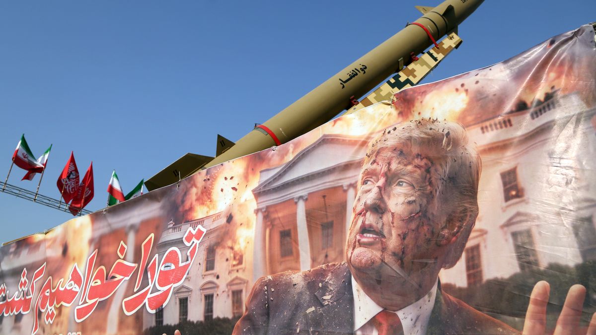 TEHRAN, IRAN - AUGUST 2: A banner depicting U.S. President Donald Trump and bearing messages was displayed in front of the Zolfaghar and Zolghadr ballistic missiles exhibited at Azadi Square in Tehran, Iran's capital, on August 2, 2026. (Photo by Fatemeh Bahrami/Anadolu via Getty Images)