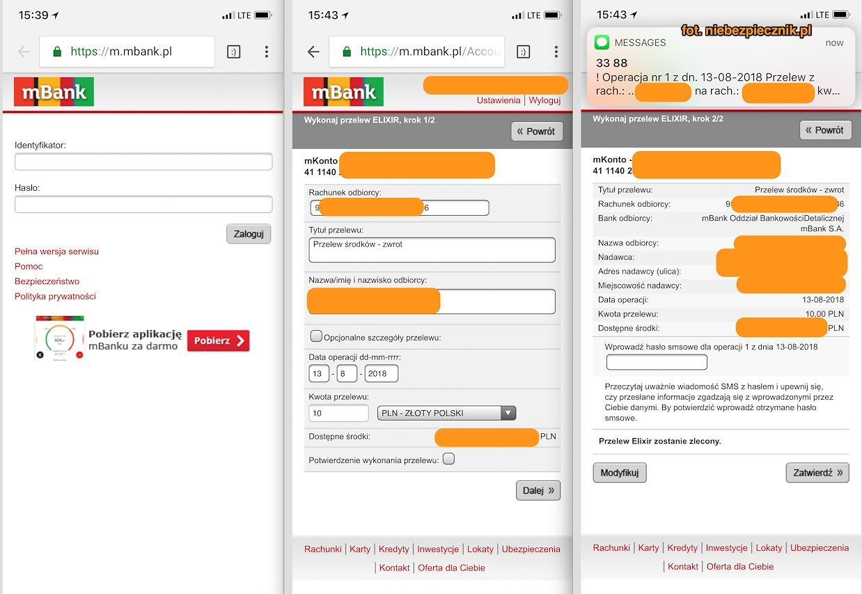 Zlecenie przelewu w mBanku w bankowości mobilnej, istotne w kontekście innego ataku z 2018 roku, źródło: Niebezpiecznik.