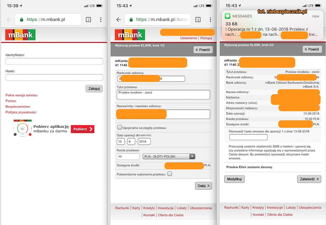 Zlecenie przelewu w mBanku w bankowości mobilnej, istotne w kontekście innego ataku z 2018 roku, źródło: Niebezpiecznik.