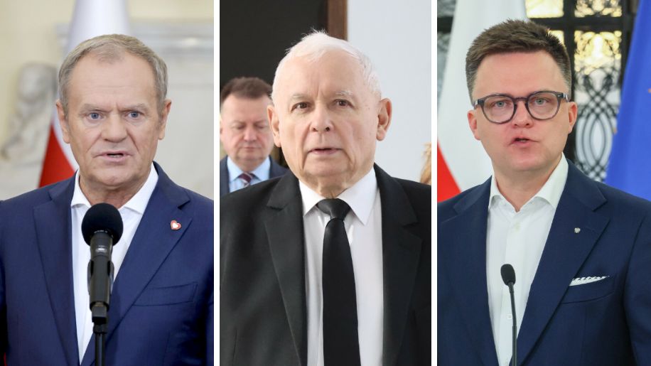 Na zdjęciu Donald Tusk, Jarosław Kaczyński i Szymon Hołownia - liderzy KO, PiS i Polski 2050