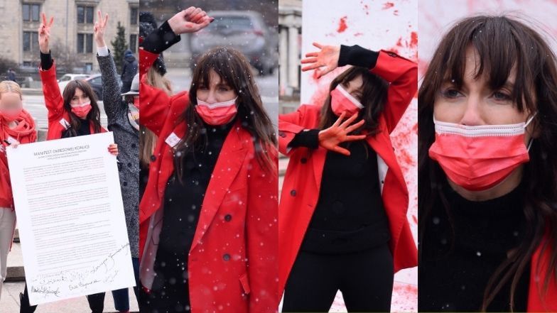 Zaangażowana Dominika Kulczyk protestuje pod Pałacem Kultury wysmarowana czerwoną farbą (ZDJĘCIA)