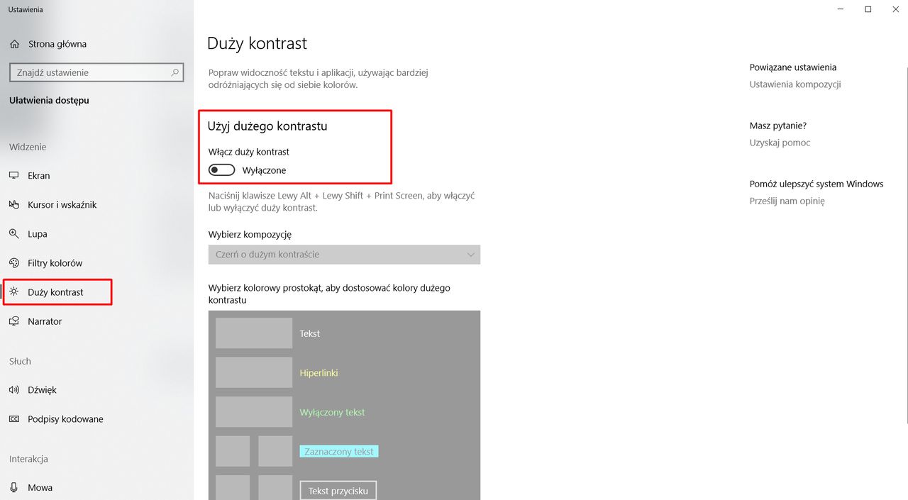 Ustawienia dużego kontrastu w Windows 10.