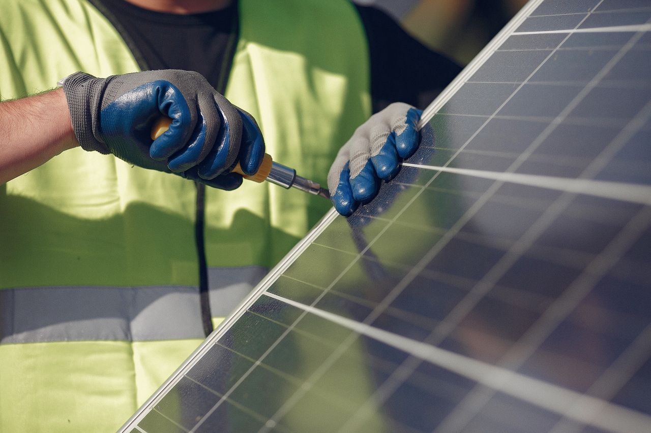 Photovoltaic panel. Photovoltaic installation during assembly.