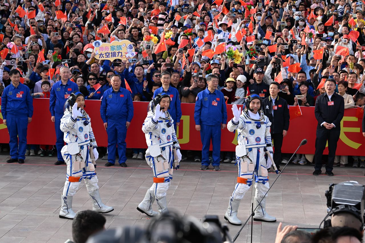 ALXA, CHINA - APRIL 25: (L-R) Chinese astronauts Li Guangsu, Li Cong and Ye Guangfu of the Shenzhou-18 crewed space mission attend a see-off ceremony at the Jiuquan Satellite Launch Center on April 25, 2024 in Alxa League, Inner Mongolia Autonomous Region of China. A see-off ceremony for three Chinese astronauts of the Shenzhou-18 crewed space mission was held on April 25. (Photo by VCG/VCG via Getty Images)