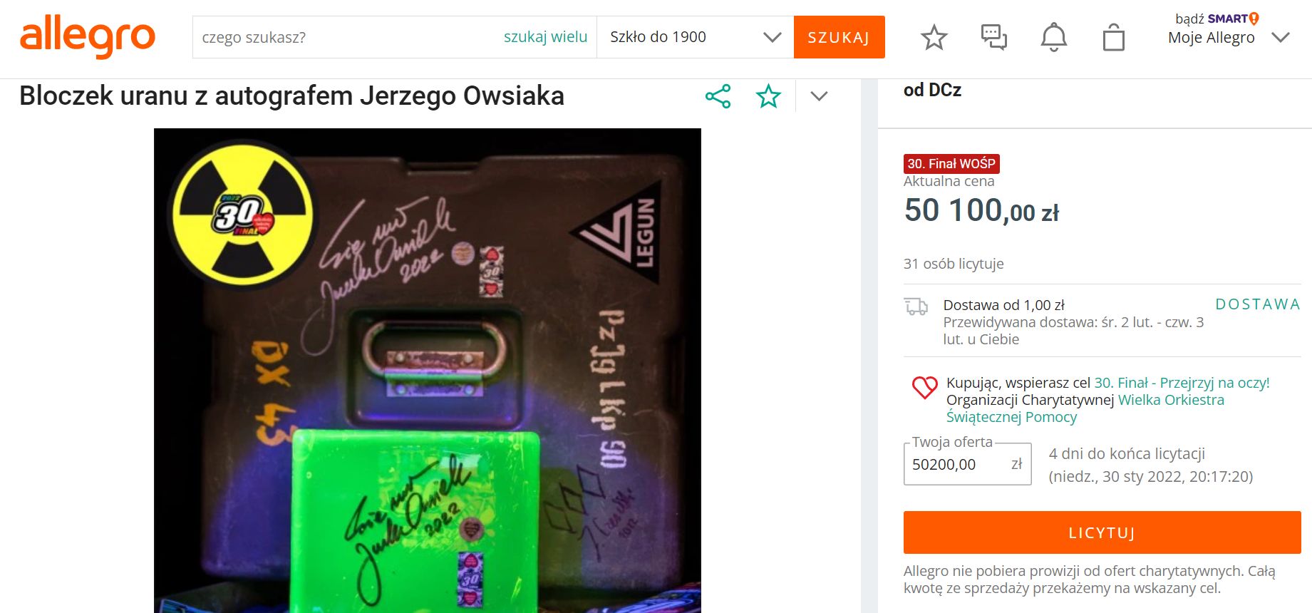 Bloczek uranu z autografem Jurka Owsiaka stał się hitem