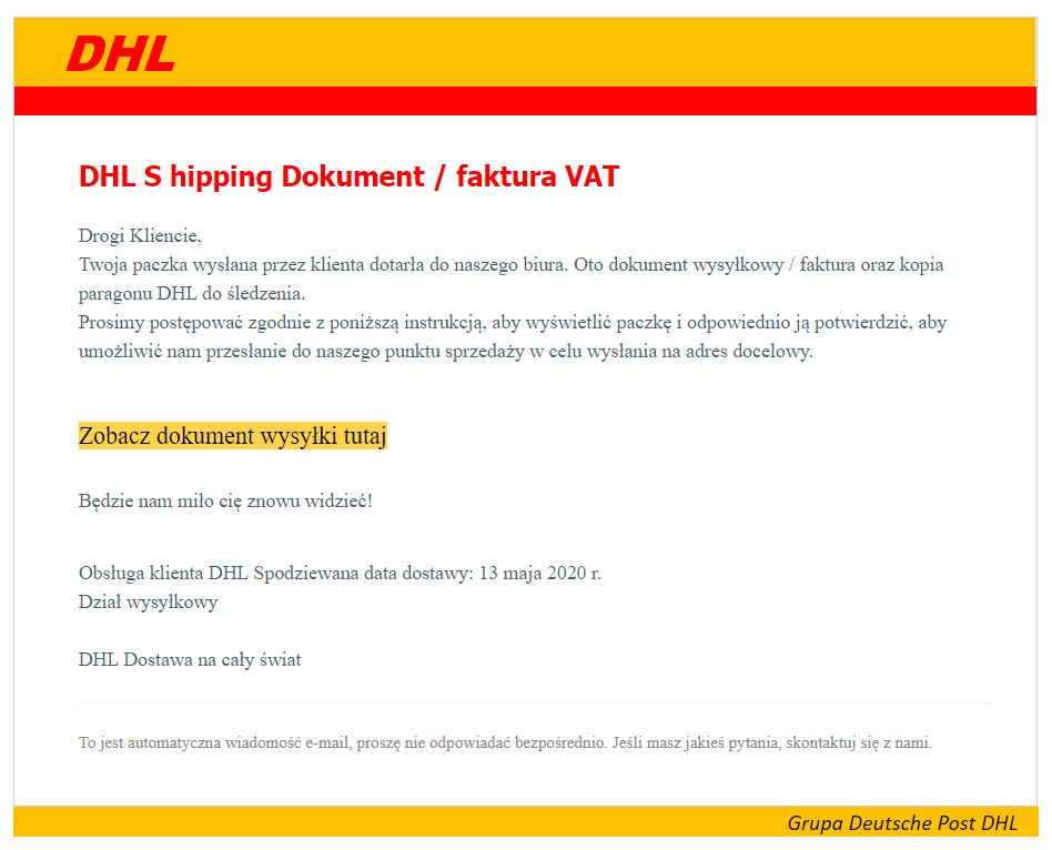 Fałszywy e-mail, którego nadawcą tylko teoretycznie jest firma kurierska DHL, fot. Oskar Ziomek.