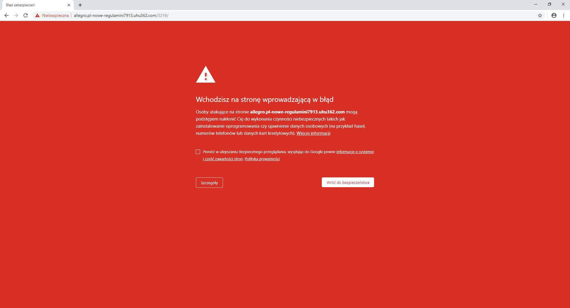 Alert o niebezpiecznej stronie na Chrome.