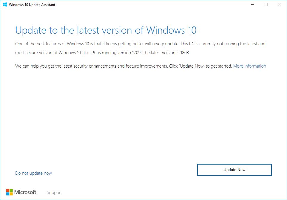 Komunikat zachęcający do instalacji nowego wydania systemu Windows 10 (na przykładzie wersji 1803), źródło: Microsoft.