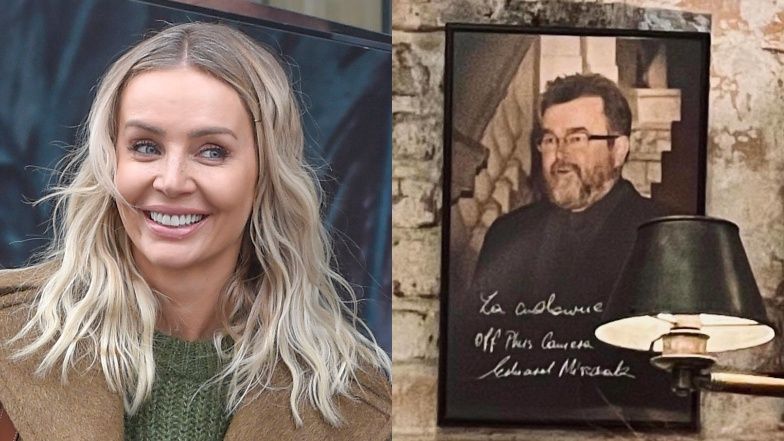 Agnieszka Woźniak-Starak zajada się pod zdjęciem Edwarda Miszczaka