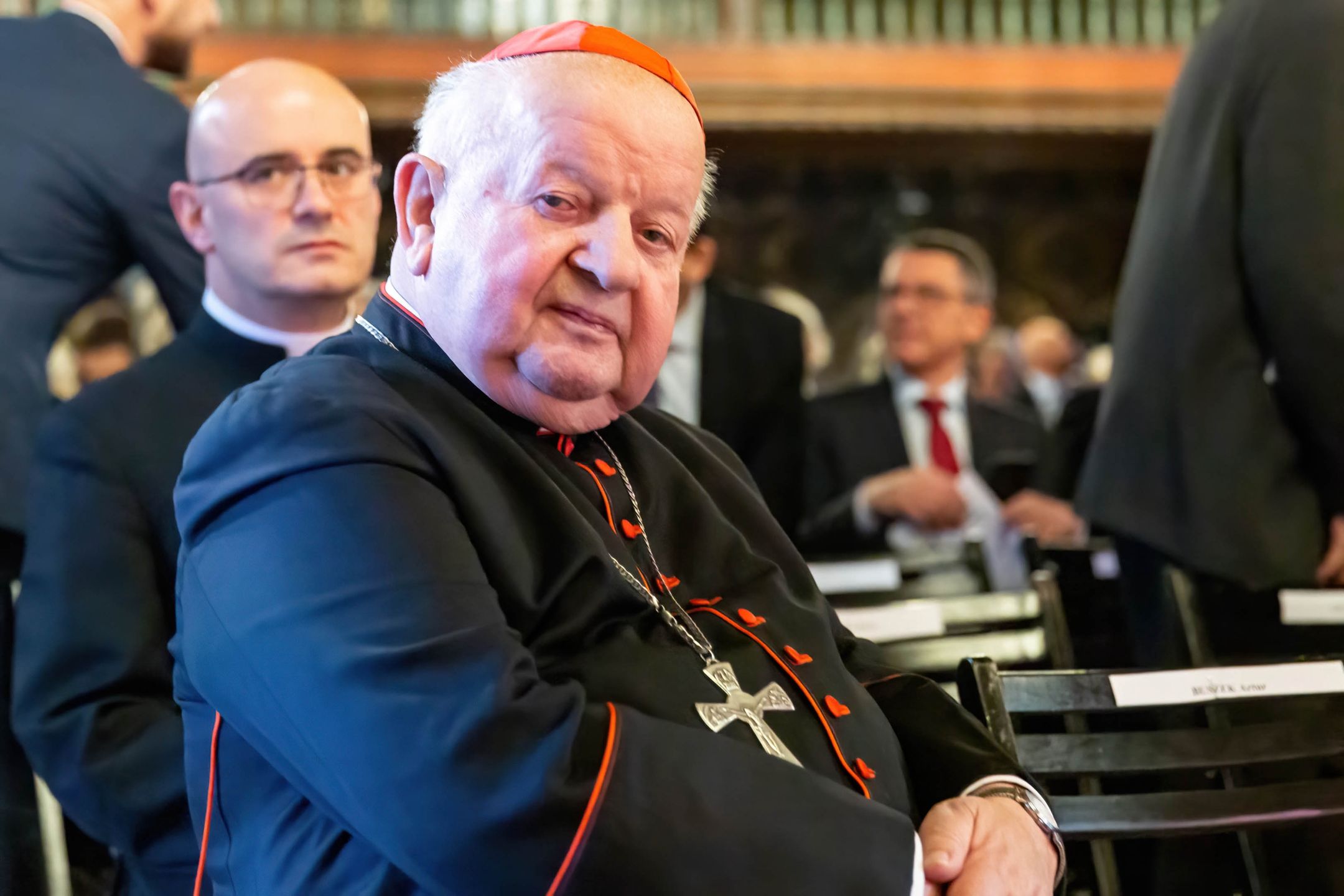 KRAKOW, POLAND - 2023/11/24: Former Cardinal Stanislaw Dziwisz attends the Plenary Meeting of the Social Committee for the Restoration of Krakow Monuments in landmark middle age architecture of Wawel castle, senator room, to celebrate and appreciate the work done to restore Krakow's medieval and more recent architecture. (Photo by Dominika Zarzycka/SOPA Images/LightRocket via Getty Images)