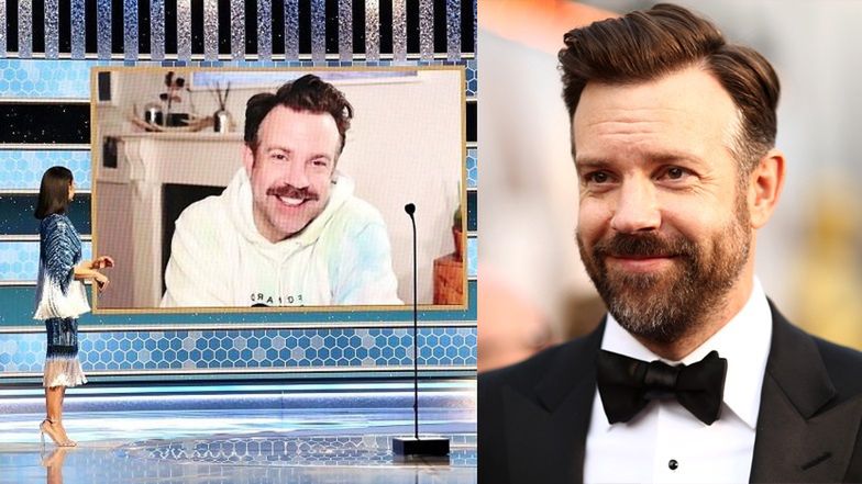 Złote Globy 2021: Jason Sudeikis "odbiera" nagrodę ubrany w dres
