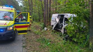 Długosiodło: Kierujący busem zasnął za kierownicą i wjechał w drzewo. 5 osób trafiło do szpitala
