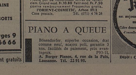 Ogłoszenie o sprzedaży fortepianu Bosendorfera z 31 maja 1958