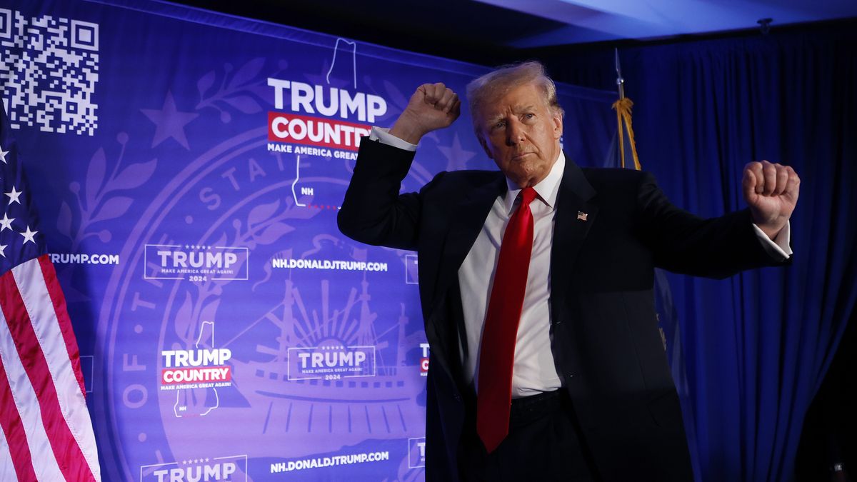 PORTSMOUTH, NEW HAMPSHIRE - JANUARY 17: Republican presidential candidate and former U.S. President Donald Trump dances off stage at the conclusion of a campaign rally at the Sheraton Portsmouth Harborside Hotel on January 17, 2024 in Portsmouth, New Hampshire. According to a poll conducted by Saint Anselm College and released Tuesday, Trump is at 52 percent, far ahead of fellow candidates, former UN Ambassador Nikki Haley, who is polling at 38 percent, and Florida Gov. Ron DeSantis, who is polling at 8 percent. (Photo by Chip Somodevilla/Getty Images)