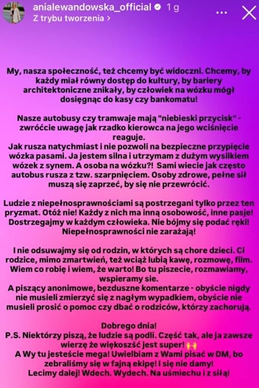 Wpis Anny Lewandowskiej na Instagramie