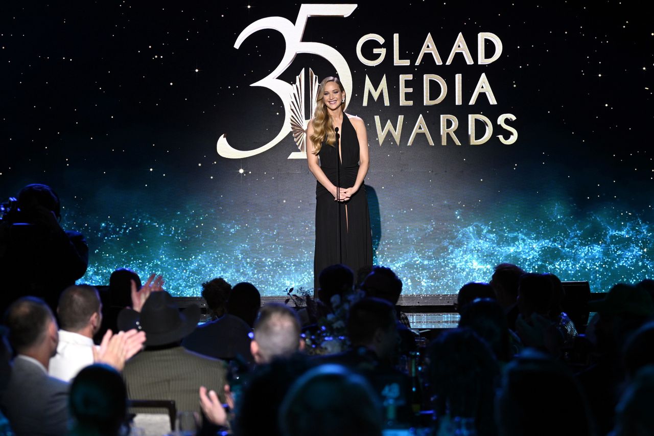 NEW YORK, NEW YORK - MAY 11: Jennifer Lawrence speaks onstage during the 35th Annual GLAAD Media Awards New York on May 11, 2024 in New York City.  (Photo by Bryan Bedder/Getty Images for GLAAD)