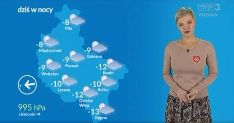 Prezenterka pogody w TVP zwolniona przez serduszko WOŚP na bluzce