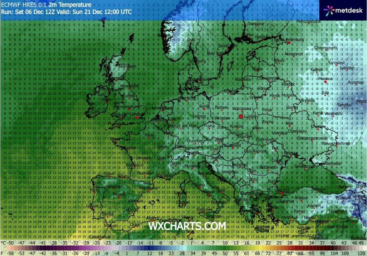Prognoza temperatur 21 grudnia