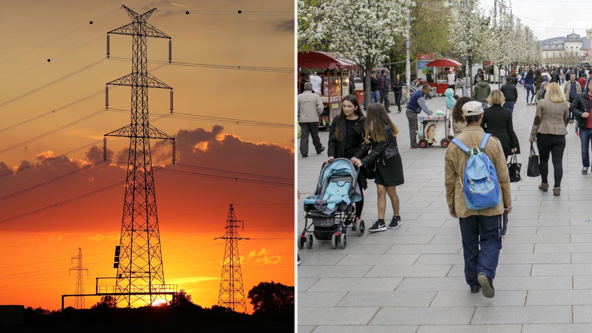 Na zdjęciu po lewej stronie słup wysokiego napięcia, po prawej - ludzie w Kosowie na ulicy