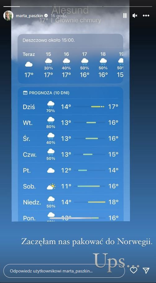Marta Paszkin martwi się pogodą w Norwegii