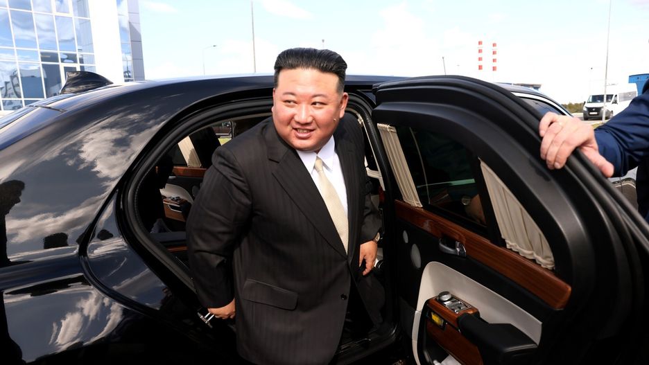 AMUR REGION, RUSSIA - SEPTEMBER 13: (----EDITORIAL USE ONLY - MANDATORY CREDIT - 'KREMLIN PRESS OFFICE / HANDOUT' - NO MARKETING NO ADVERTISING CAMPAIGNS - DISTRIBUTED AS A SERVICE TO CLIENTS----) North Korean leader Kim Jong-Un arrives the Russian spaceport Vostochny Cosmodrome to inspect with Russian President Vladimir Putin (not seen) in Russia's Amur region in the Far East on September 13, 2023. North Korean leader Kim Jong-Un said on Wednesday that relations with Russia are 'the very first priority' for his country. Putin and Kim then visited several facilities of the cosmodrome and also examined the construction of the new infrastructure. (Photo by Kremlin Press Office / Handout/Anadolu Agency via Getty Images)