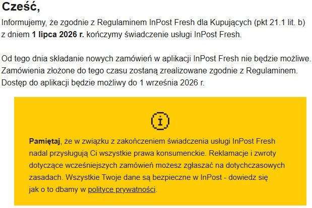 Komunikat o wycofaniu usługi InPost Fresh