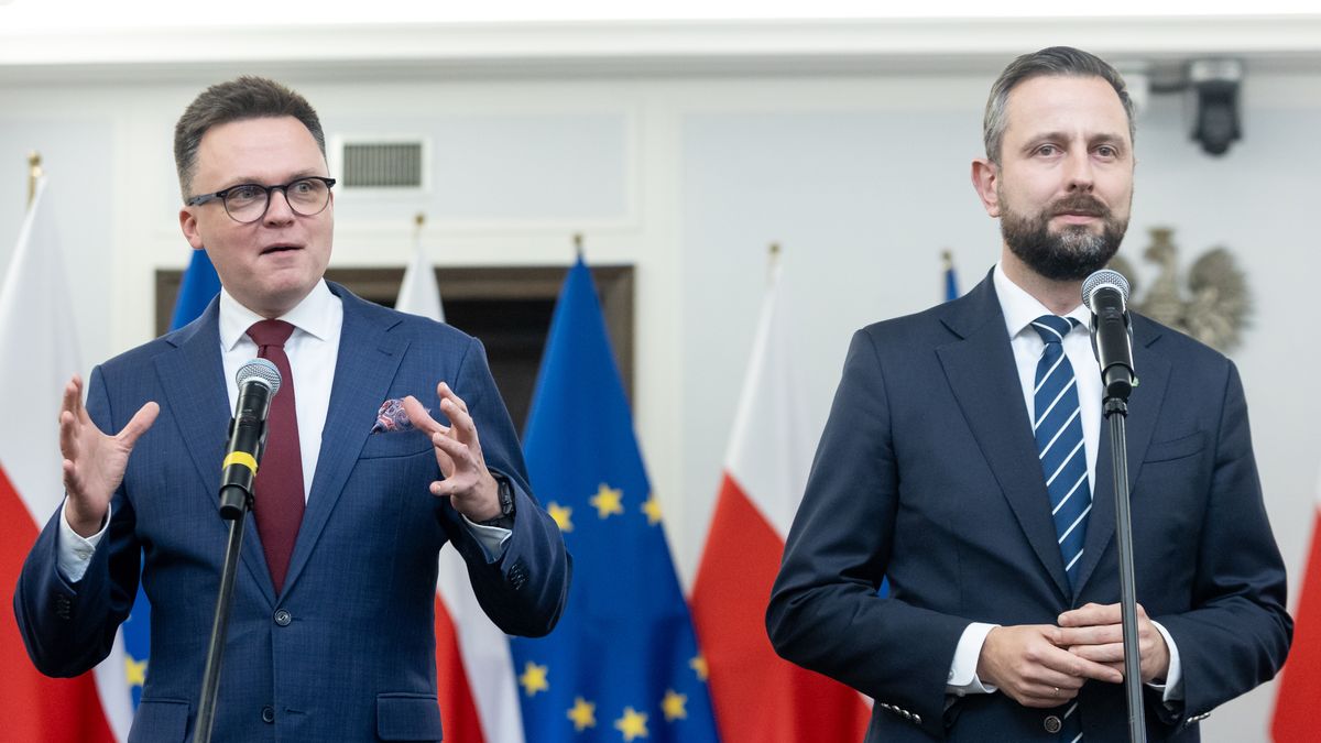 Szymon Holownia, Wladyslaw Kosiniak-Kamysz during the signing of the coalition agreement regarding the tasks of establishing a new government in Poland in Warsaw, Poland on November 10, 2023. (Photo by Foto Olimpik/NurPhoto via Getty Images)