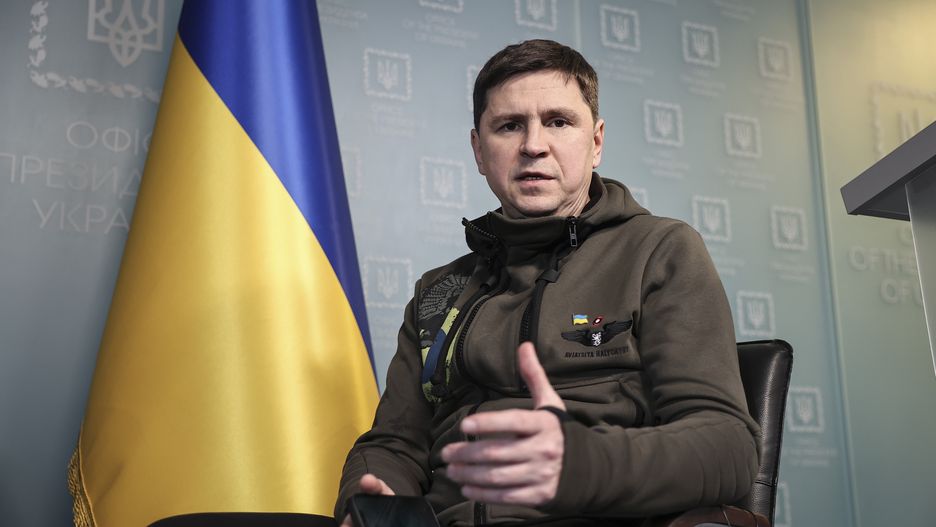 KYIV, UKRAINE - MARCH 09: Head of the Ukraine president's office, Mikhail Podolyak speaks during an interview on Russia-Ukraine crisis and negotiations between Kyiv and Moscow in Kyiv, Ukraine on March 09, 2022. (Photo by Emin Sansar/Anadolu Agency via Getty Images)
