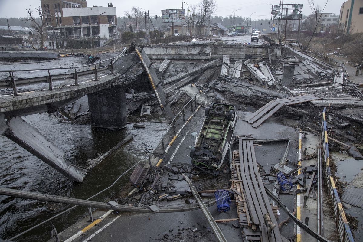 IRPIN, KYIV PROVINCE, UKRAINE, APRIL 03: A collapsed bridge is seen in the town of Irpin, on the outskirts of Kyiv, after the Ukrainian army secured the area following the withdrawal of the Russian army from the Kyiv region on previous days, Irpin, Ukraine on April 03, 2022. (Photo by Narciso Contreras/Anadolu Agency via Getty Images)