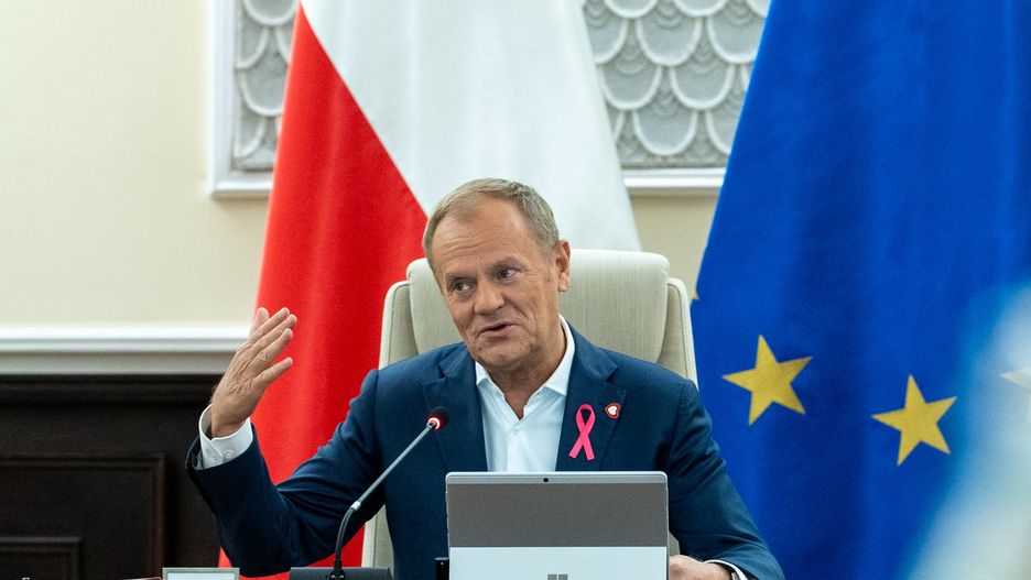 WARSAW, POLAND - 2024/10/15: Prime Minister of Poland, Donald Tusk gestures while speaking during the weekly Ministerial meeting in Warsaw. The Council of Ministers held they weekly session, on key security issues, financial issues and assistance in the health crisis were also discussed, among other things. Ministers also debated a new law on refugees and a temporary blocking of the right to asylum. (Photo by Marek Antoni Iwanczuk/SOPA Images/LightRocket via Getty Images)