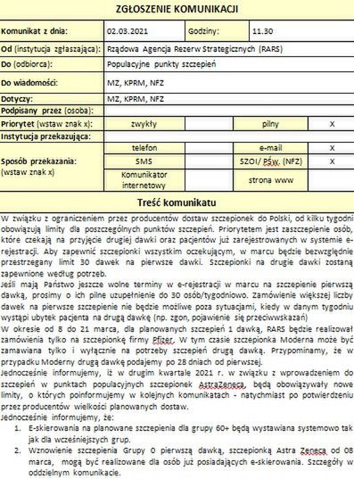 Koronawirus w Polsce. Komunikat RARS ws. szczepionki przeciw COVID-19