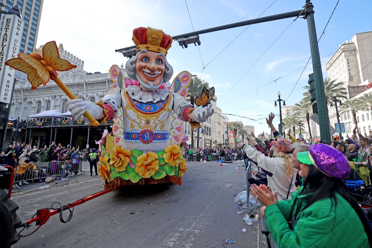 NEW ORLEANS, LOUISIANA - FEBRUARY 13: The signature Butterfly Float turns onto Canal Street on Mardi Gras Day as the 440 riders of Rex, King of Carnival, present their 29-float parade entitled "The Two Worlds of Lafcadio Hearn" on February 13, 2024 in New Orleans, Louisiana. The procession of Rex, King of Carnival, marks the crowning moment of Mardi Gras Day since his first appearance in 1872. (Photo by Michael DeMocker/Getty Images)