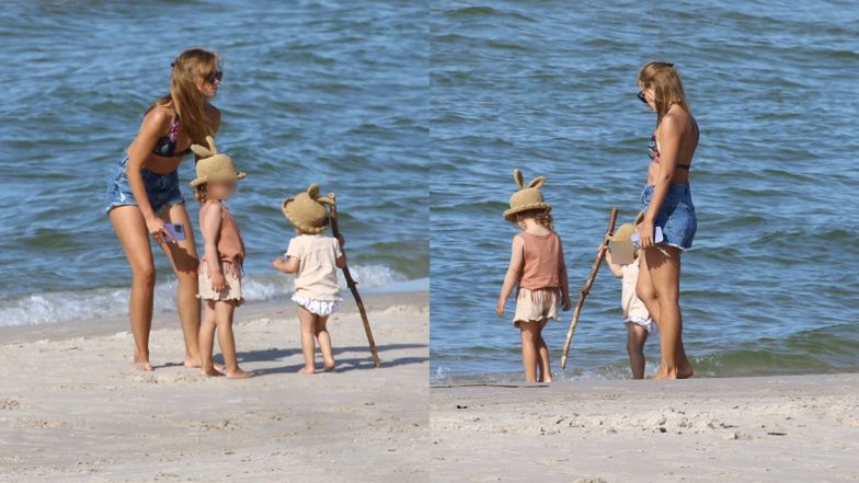 Agnieszka Kaczorowska z rodziną na plaży