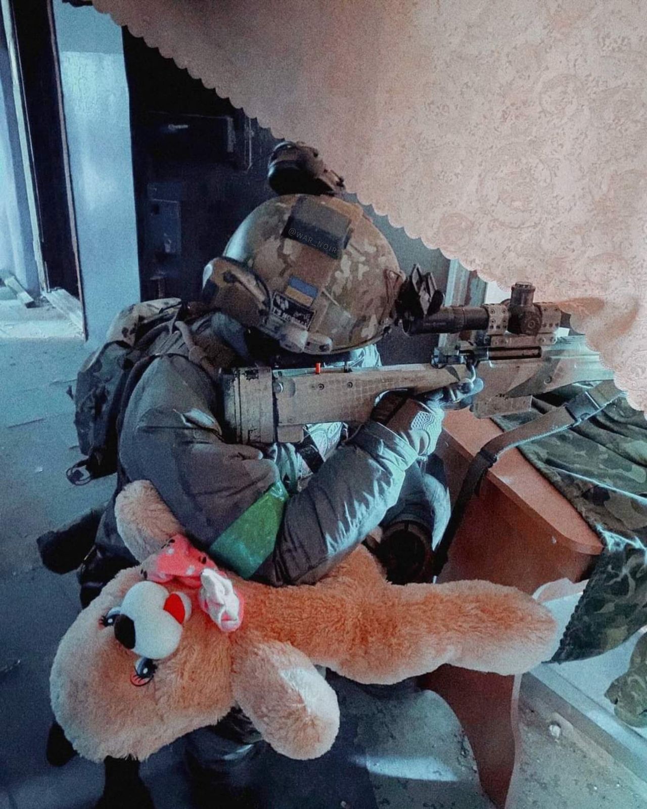 War reality. Teddy bear in an unusual role