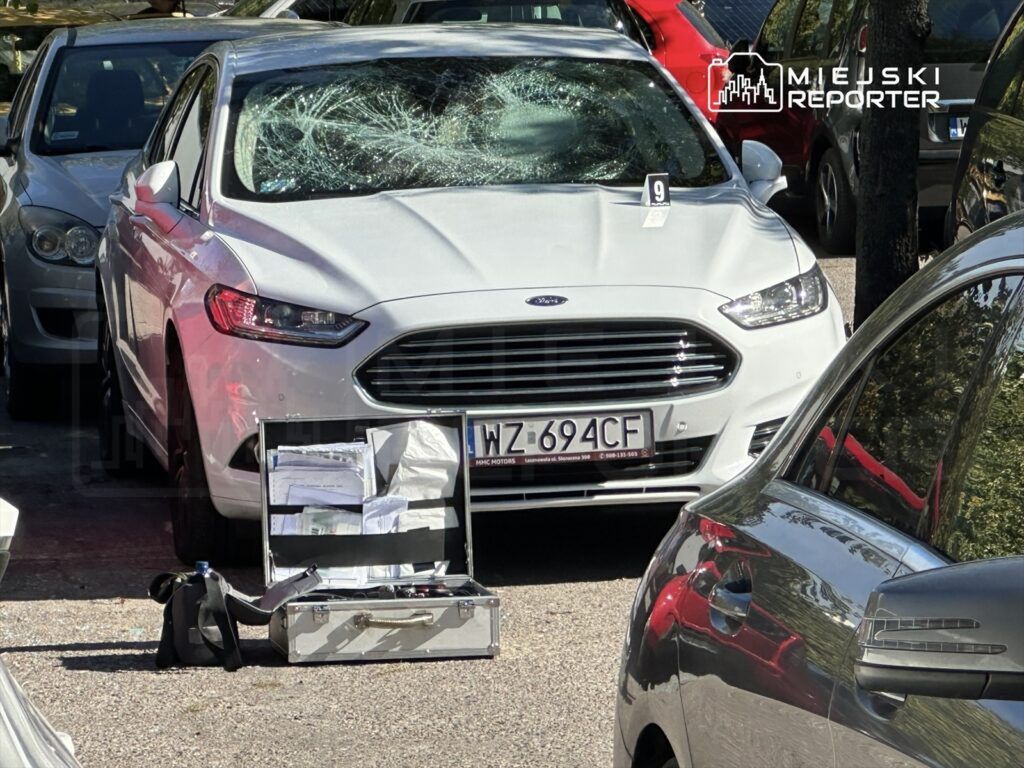 Biały samochód z wybitym przednim szkłem stoi na parkingu, obok otwarta walizka z dokumentami i przyborami.