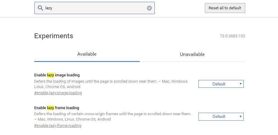 Ustawienia "leniwego ładowania" wśród flag w Chrome.