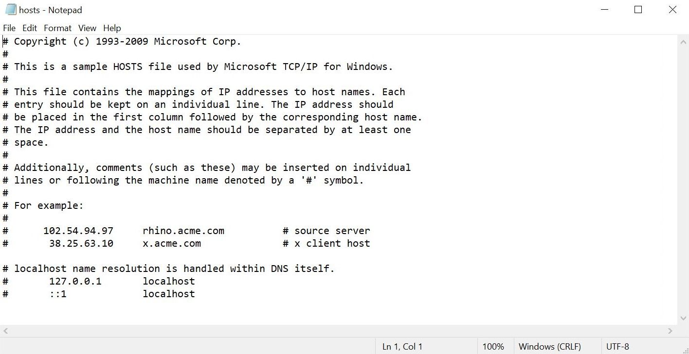 Domyślna zawartość pliku C:\Windows\System32\drivers\etc\hosts w systemie Windows